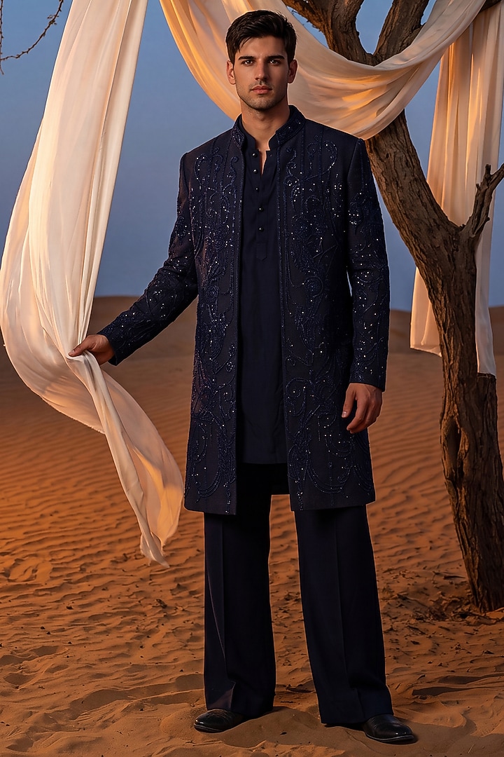 Navy Blue Textured Knit Embroidered Groom Indowestern Set by AMIT ARORA at Pernia's Pop Up Shop