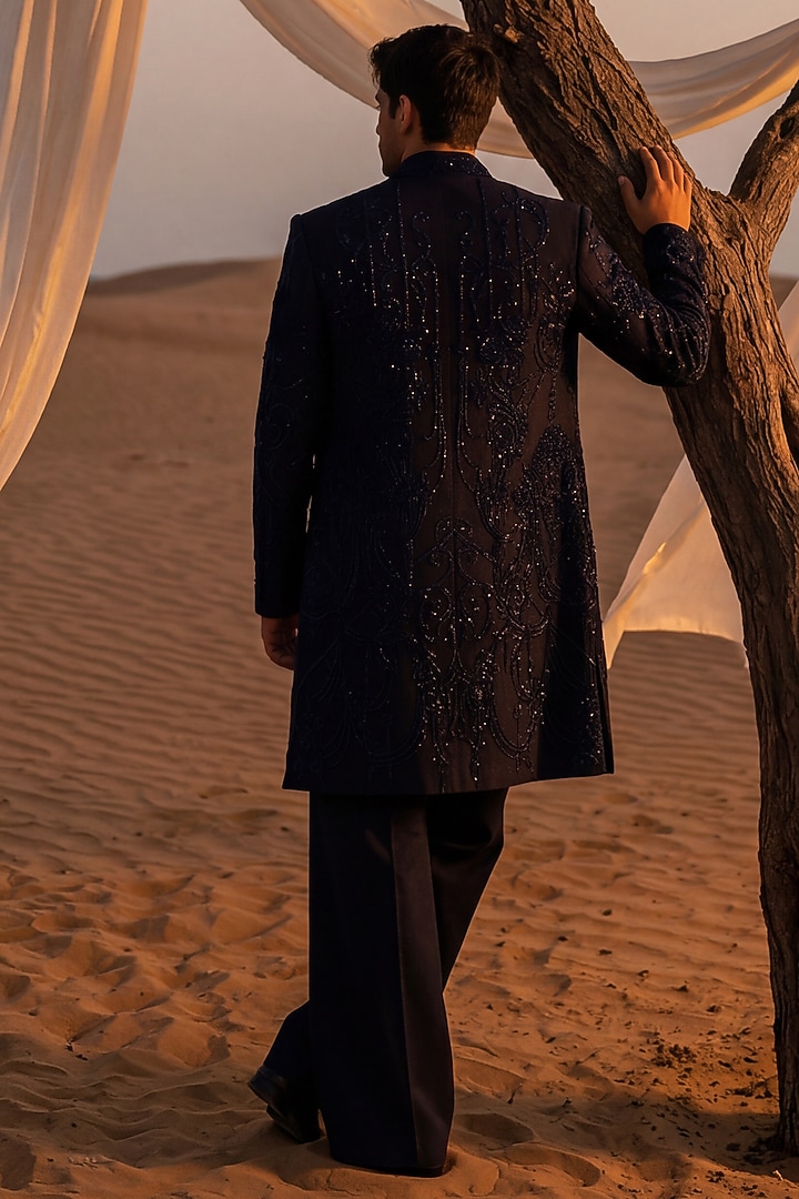 Navy Blue Textured Knit Embroidered Groom Indowestern Set by AMIT ARORA at Pernia's Pop Up Shop
