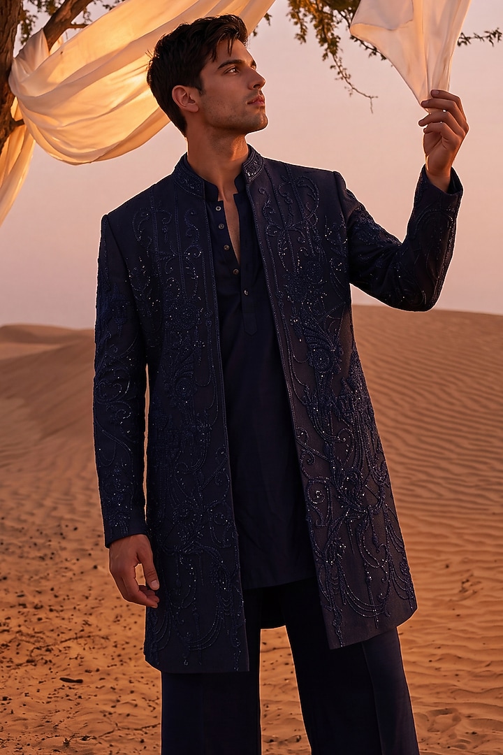 Navy Blue Textured Knit Embroidered Groom Indowestern Set by AMIT ARORA at Pernia's Pop Up Shop
