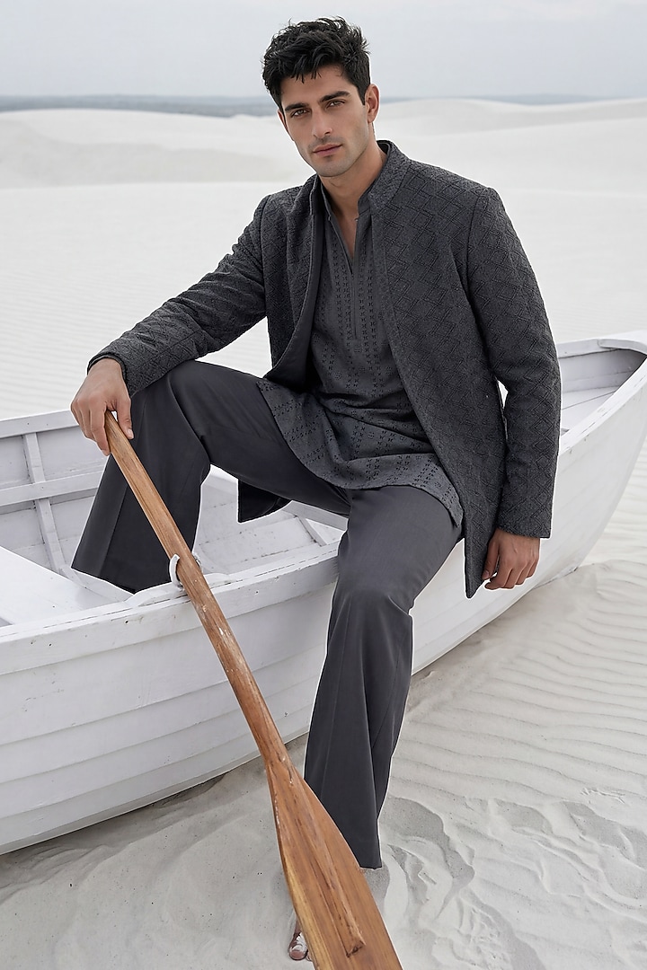 Dark Grey Crochet Embroidered Groom Indowestern Set by AMIT ARORA at Pernia's Pop Up Shop
