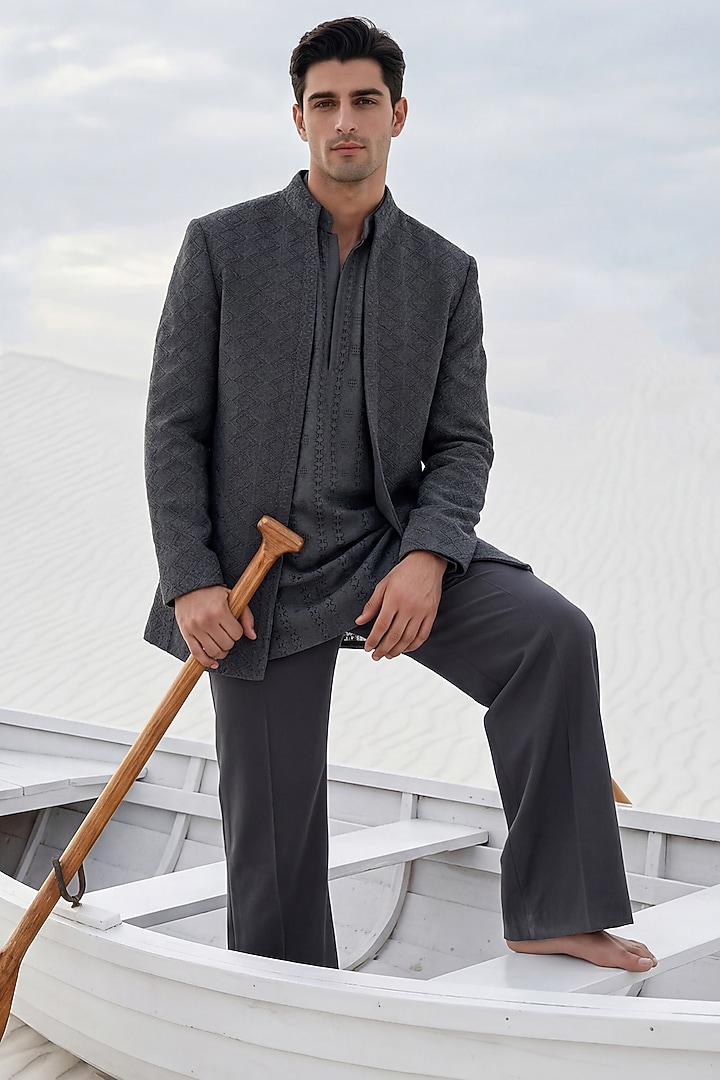 Dark Grey Crochet Embroidered Groom Indowestern Set by AMIT ARORA at Pernia's Pop Up Shop