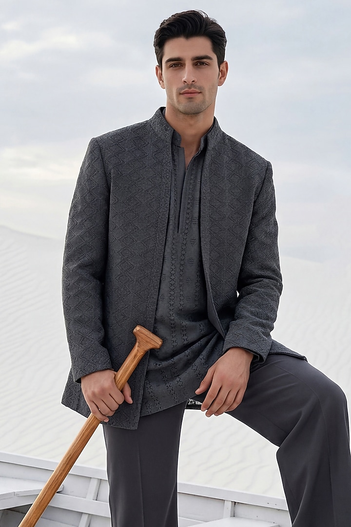 Dark Grey Crochet Embroidered Groom Indowestern Set by AMIT ARORA at Pernia's Pop Up Shop