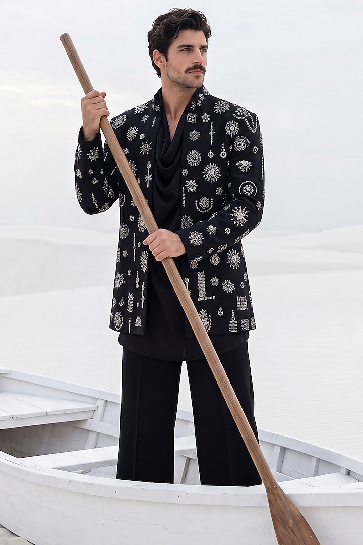 Black Herringbone Knit Motifs Embroidered Wedding Indowestern Set by AMIT ARORA at Pernia's Pop Up Shop