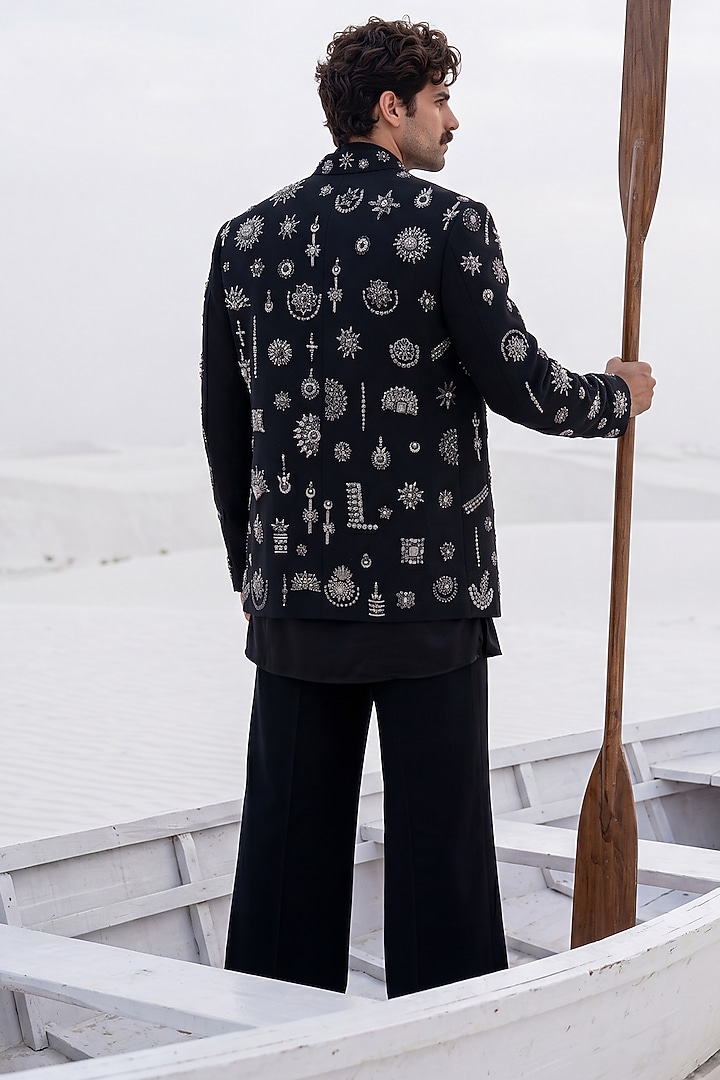 Black Herringbone Knit Motifs Embroidered Wedding Indowestern Set by AMIT ARORA at Pernia's Pop Up Shop