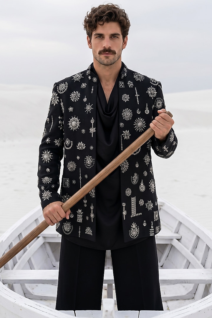 Black Herringbone Knit Motifs Embroidered Wedding Indowestern Set by AMIT ARORA at Pernia's Pop Up Shop