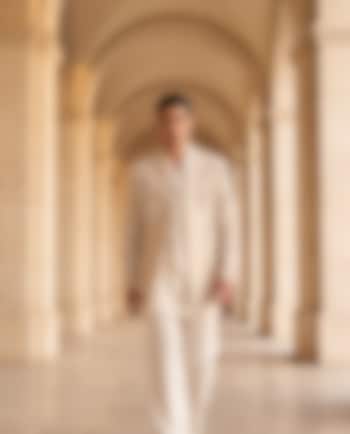 Beige Textured Rayon Groom Indowestern Set by AMIT ARORA at Pernia's Pop Up Shop