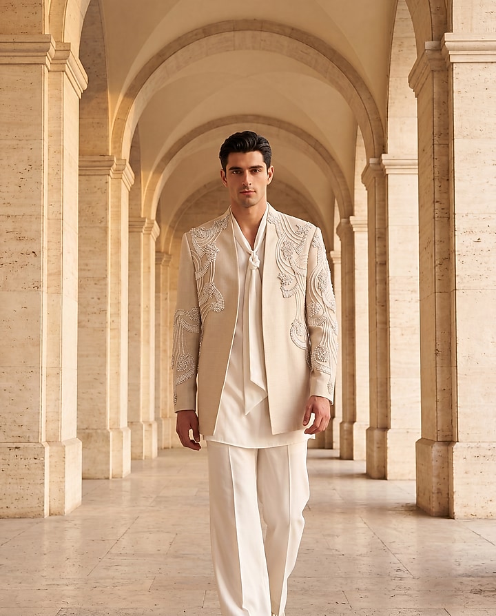 Beige Textured Rayon Groom Indowestern Set by AMIT ARORA at Pernia's Pop Up Shop
