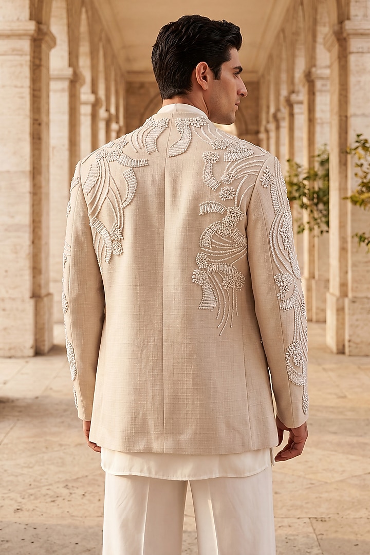 Beige Textured Rayon Groom Indowestern Set by AMIT ARORA at Pernia's Pop Up Shop