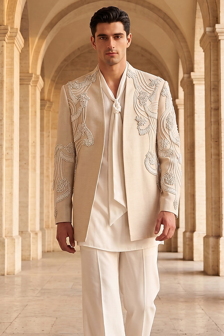 Beige Textured Rayon Groom Indowestern Set by AMIT ARORA at Pernia's Pop Up Shop