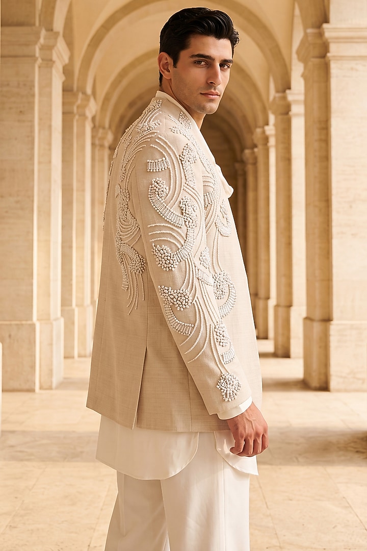 Beige Textured Rayon Groom Indowestern Set by AMIT ARORA at Pernia's Pop Up Shop
