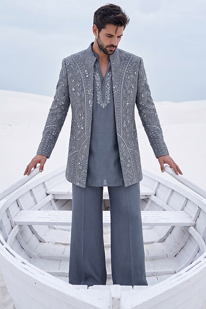 Grey Textured Knit Groom Indowestern Set by AMIT ARORA at Pernia's Pop Up Shop