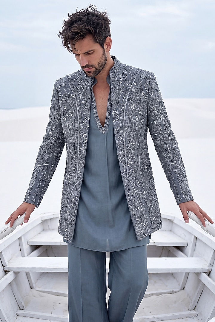 Grey Textured Knit Groom Indowestern Set by AMIT ARORA at Pernia's Pop Up Shop