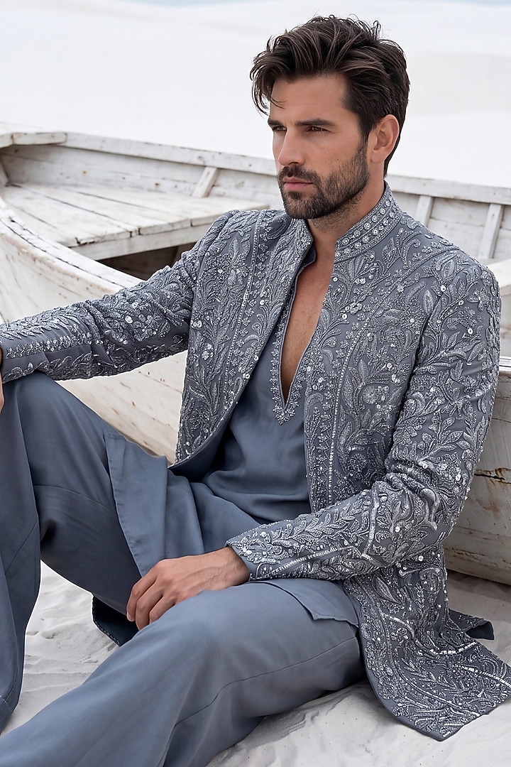 Grey Textured Knit Groom Indowestern Set by AMIT ARORA at Pernia's Pop Up Shop