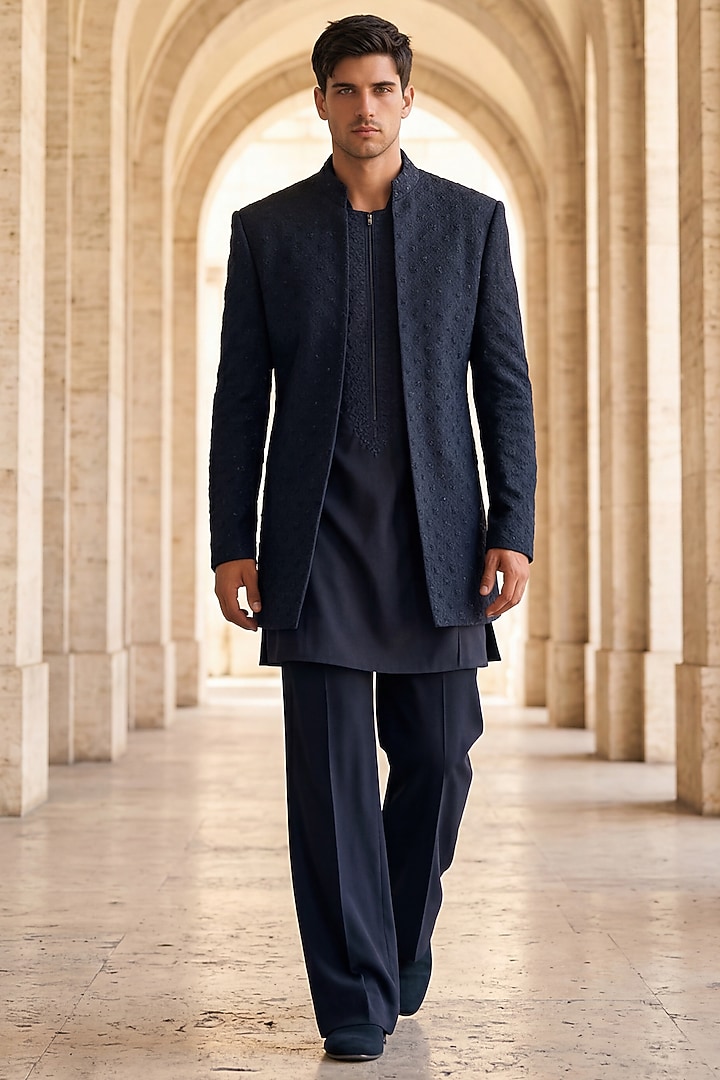Dark Grey Twill Knit Wedding Indowestern Set by AMIT ARORA at Pernia's Pop Up Shop