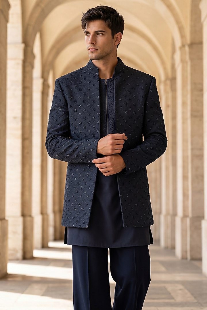 Dark Grey Twill Knit Wedding Indowestern Set by AMIT ARORA at Pernia's Pop Up Shop