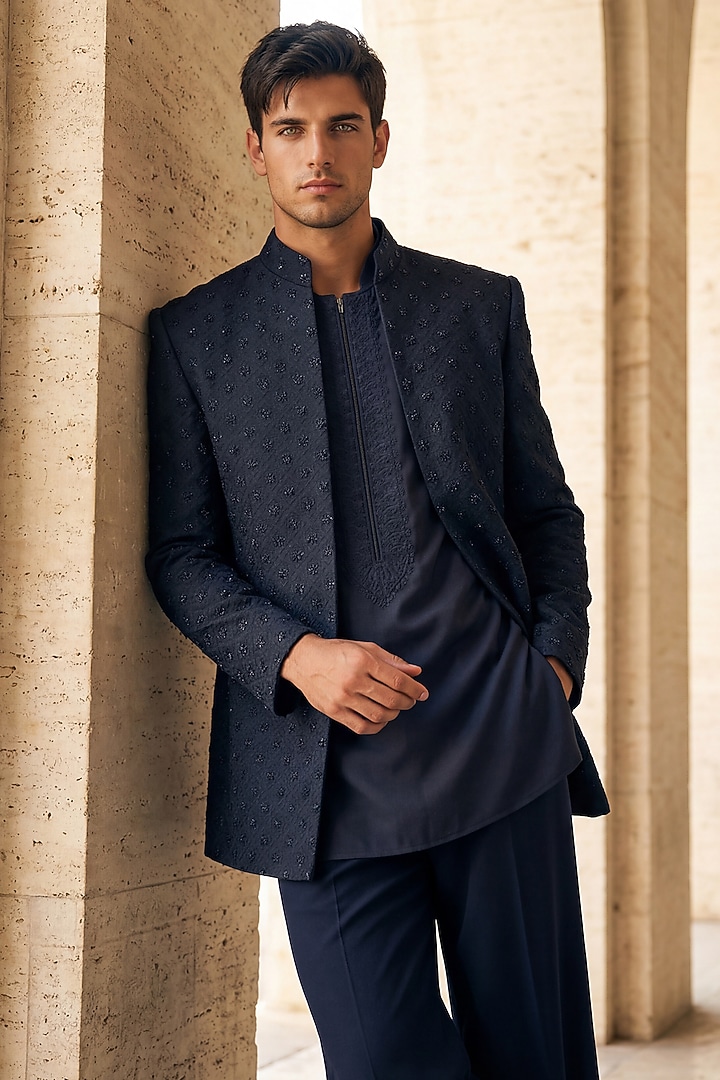 Dark Grey Twill Knit Wedding Indowestern Set by AMIT ARORA at Pernia's Pop Up Shop