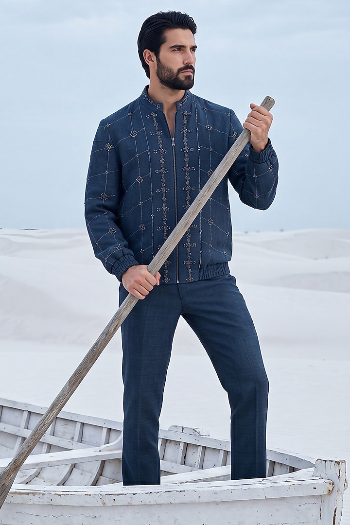Medium Blue Textured Knit Bomber Jacket Set by AMIT ARORA at Pernia's Pop Up Shop