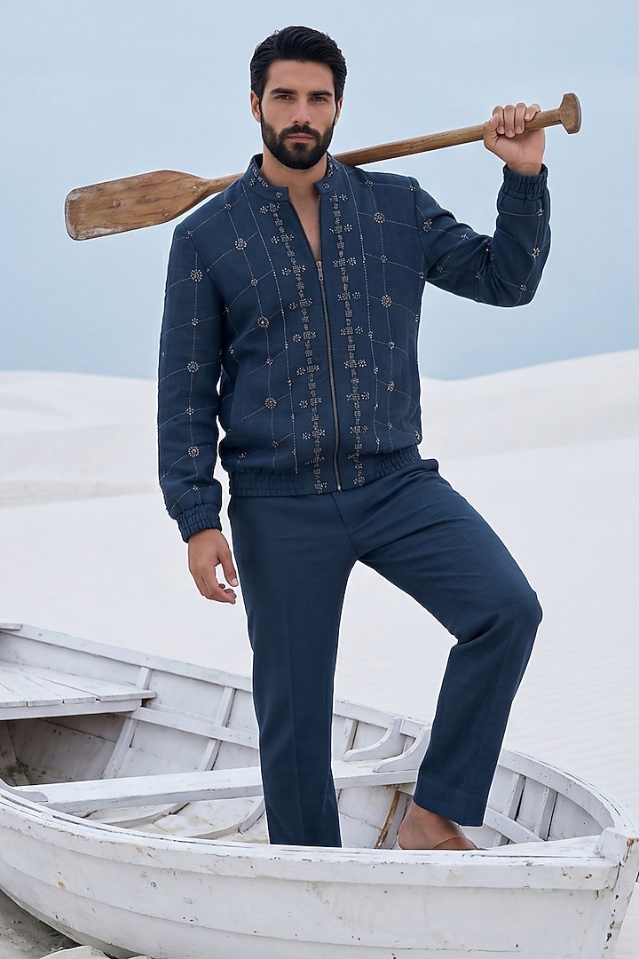Medium Blue Textured Knit Bomber Jacket Set by AMIT ARORA at Pernia's Pop Up Shop