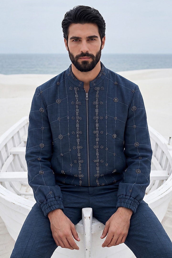Medium Blue Textured Knit Bomber Jacket Set by AMIT ARORA at Pernia's Pop Up Shop