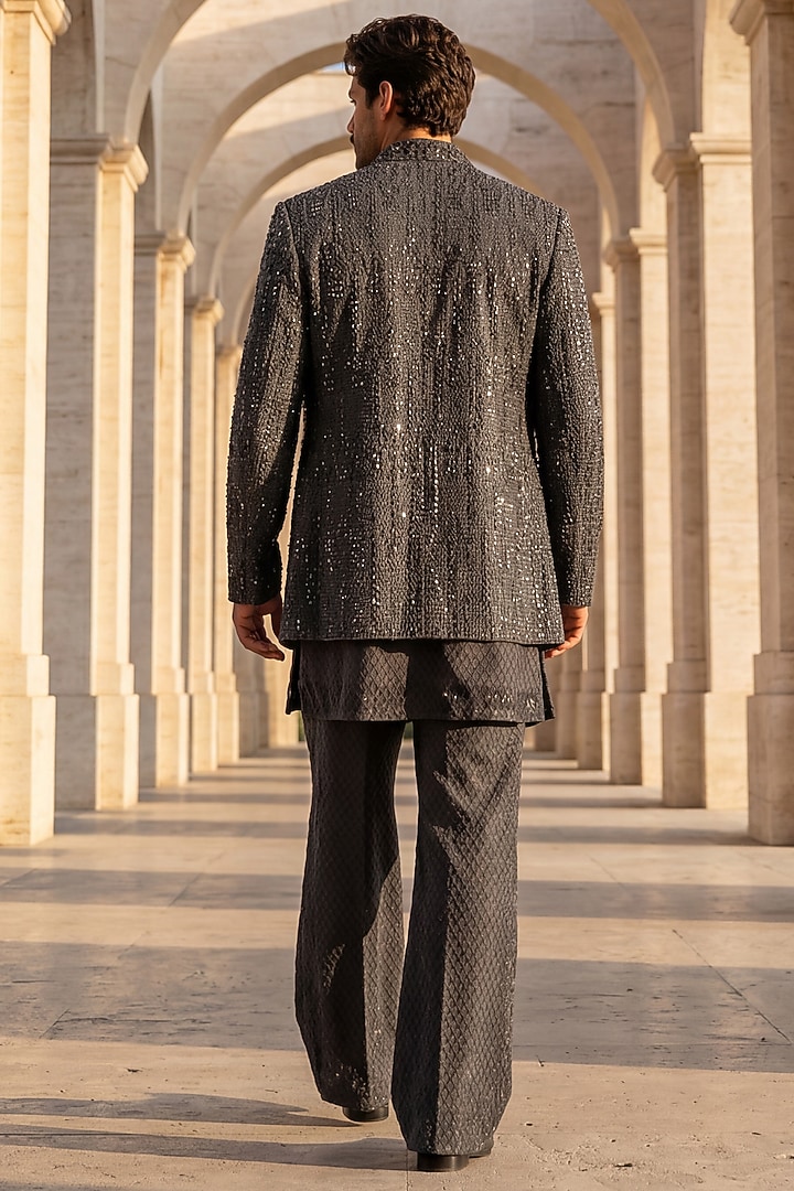Dark Grey Crochet Embroidered Groom Indowestern Set by AMIT ARORA at Pernia's Pop Up Shop