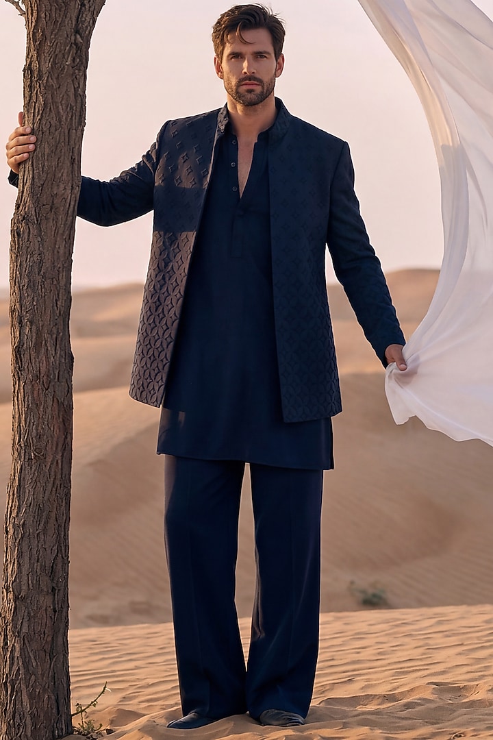 Navy Blue Knit Groom Indowestern Set by AMIT ARORA at Pernia's Pop Up Shop