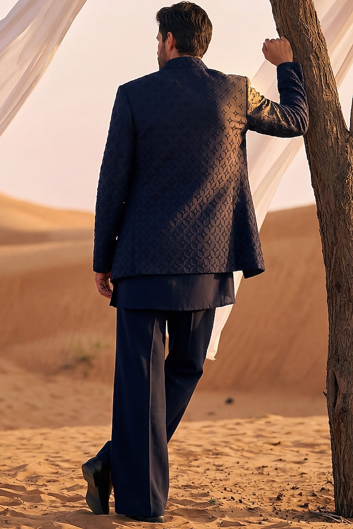 Navy Blue Knit Groom Indowestern Set by AMIT ARORA at Pernia's Pop Up Shop