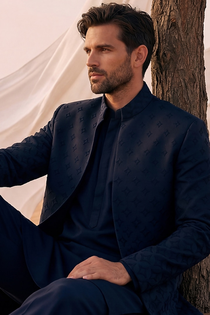 Navy Blue Knit Groom Indowestern Set by AMIT ARORA at Pernia's Pop Up Shop