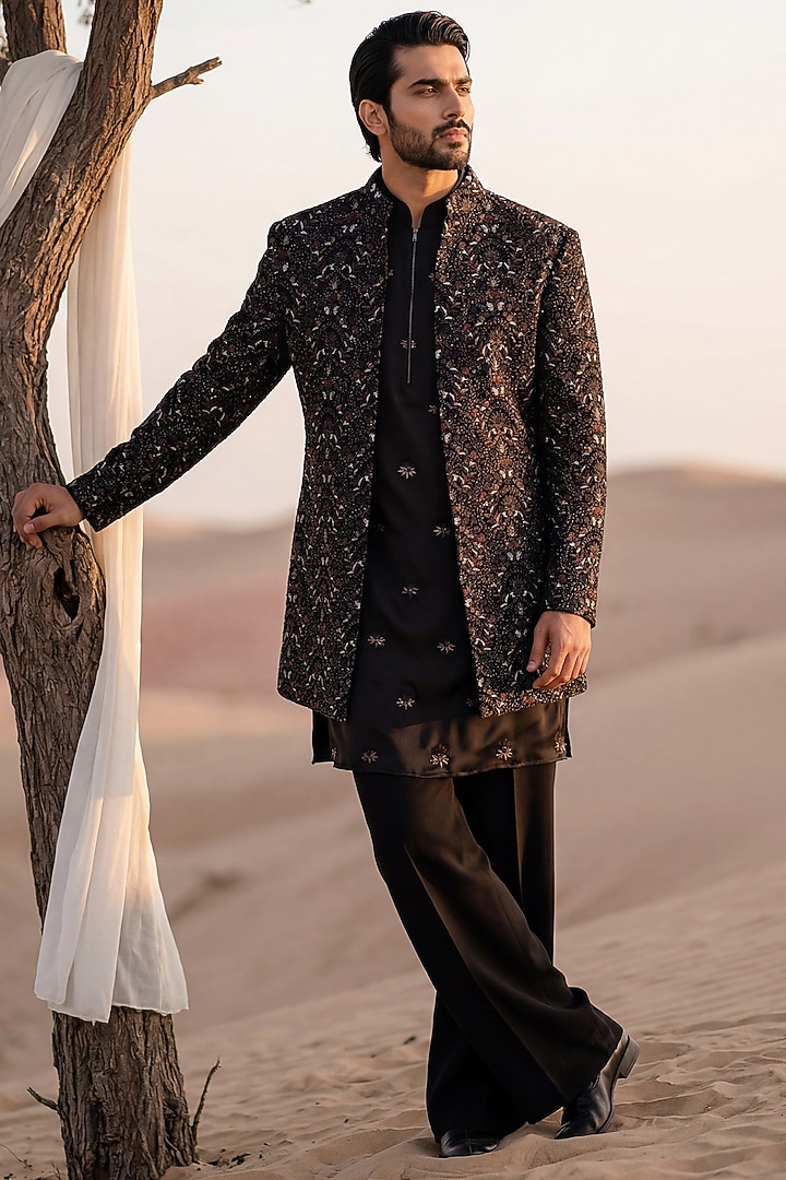 Black Velvet Hand Embroidered Groom Indowestern Set by AMIT ARORA at Pernia's Pop Up Shop
