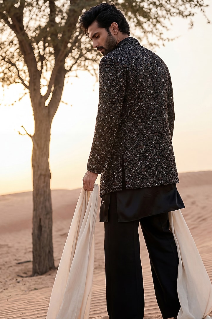 Black Velvet Hand Embroidered Groom Indowestern Set by AMIT ARORA at Pernia's Pop Up Shop
