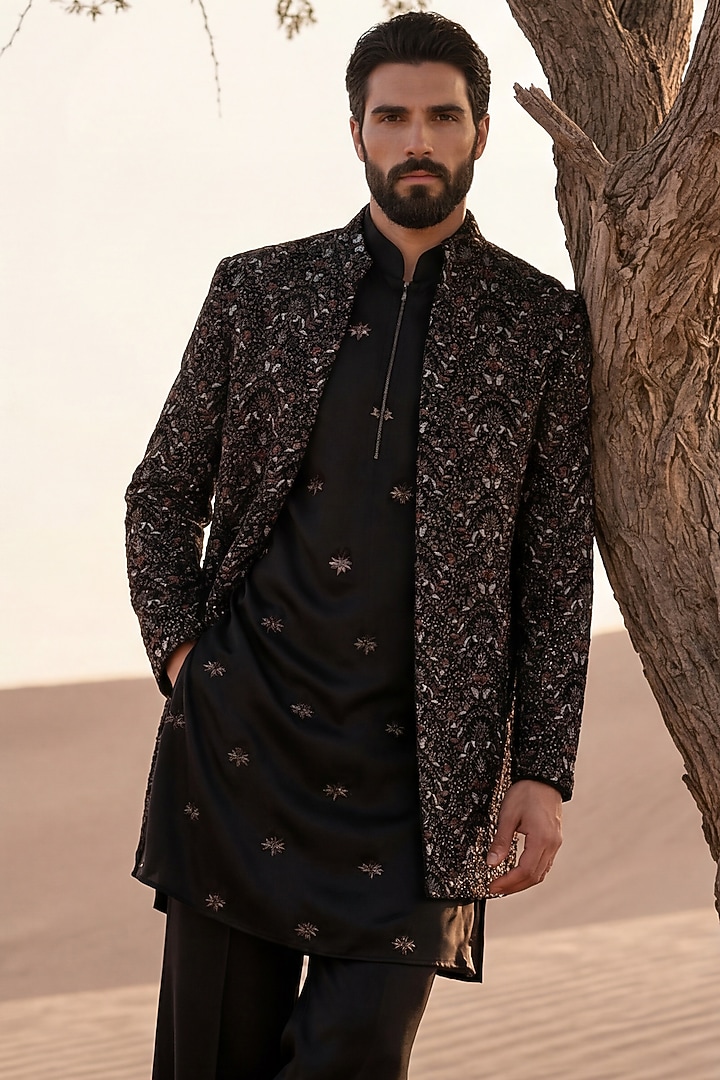 Black Velvet Hand Embroidered Groom Indowestern Set by AMIT ARORA at Pernia's Pop Up Shop