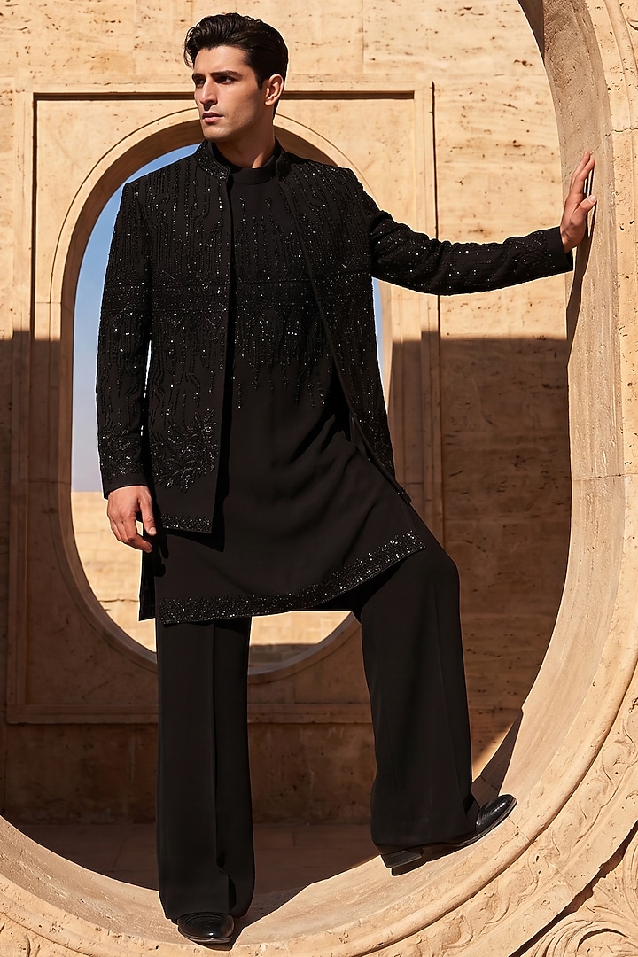 Black Knit Embroidered Groom Indowestern Set by AMIT ARORA at Pernia's Pop Up Shop
