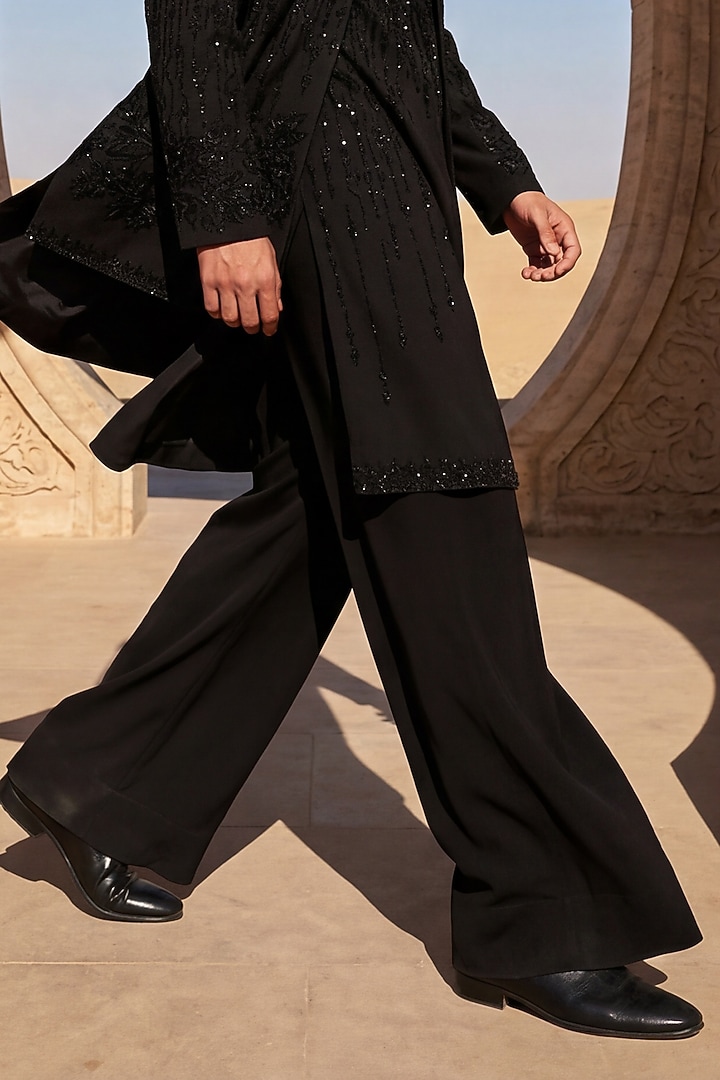 Black Knit Embroidered Groom Indowestern Set by AMIT ARORA at Pernia's Pop Up Shop