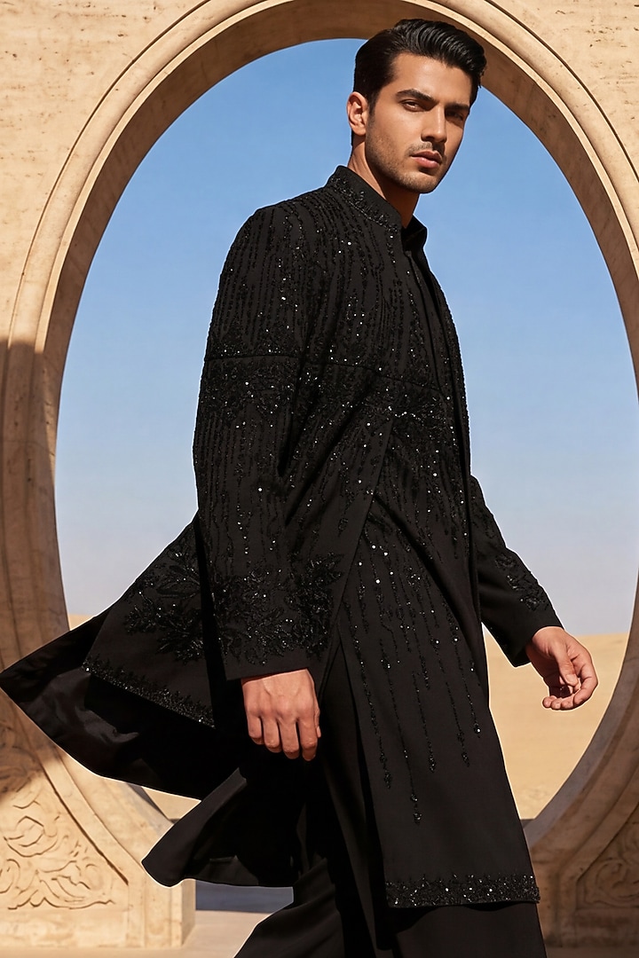Black Knit Embroidered Groom Indowestern Set by AMIT ARORA at Pernia's Pop Up Shop