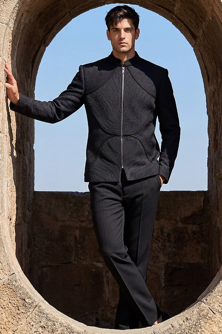Black Knit Embroidered Groom Indowestern Set by AMIT ARORA at Pernia's Pop Up Shop
