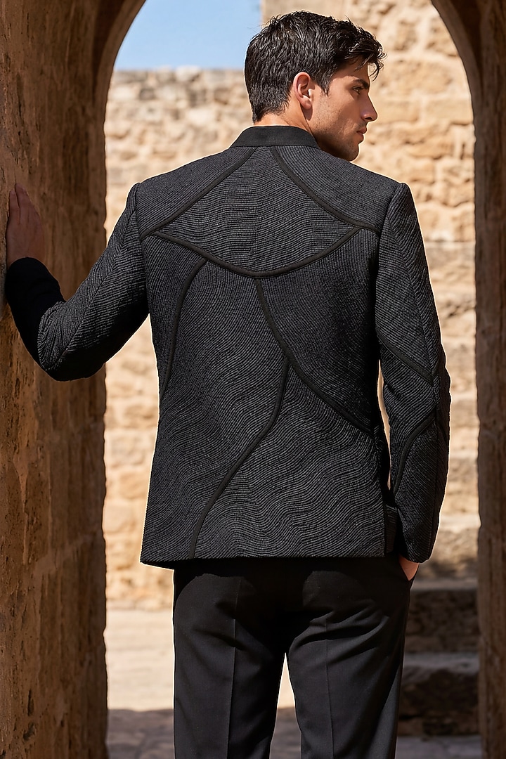 Black Knit Embroidered Groom Indowestern Set by AMIT ARORA at Pernia's Pop Up Shop