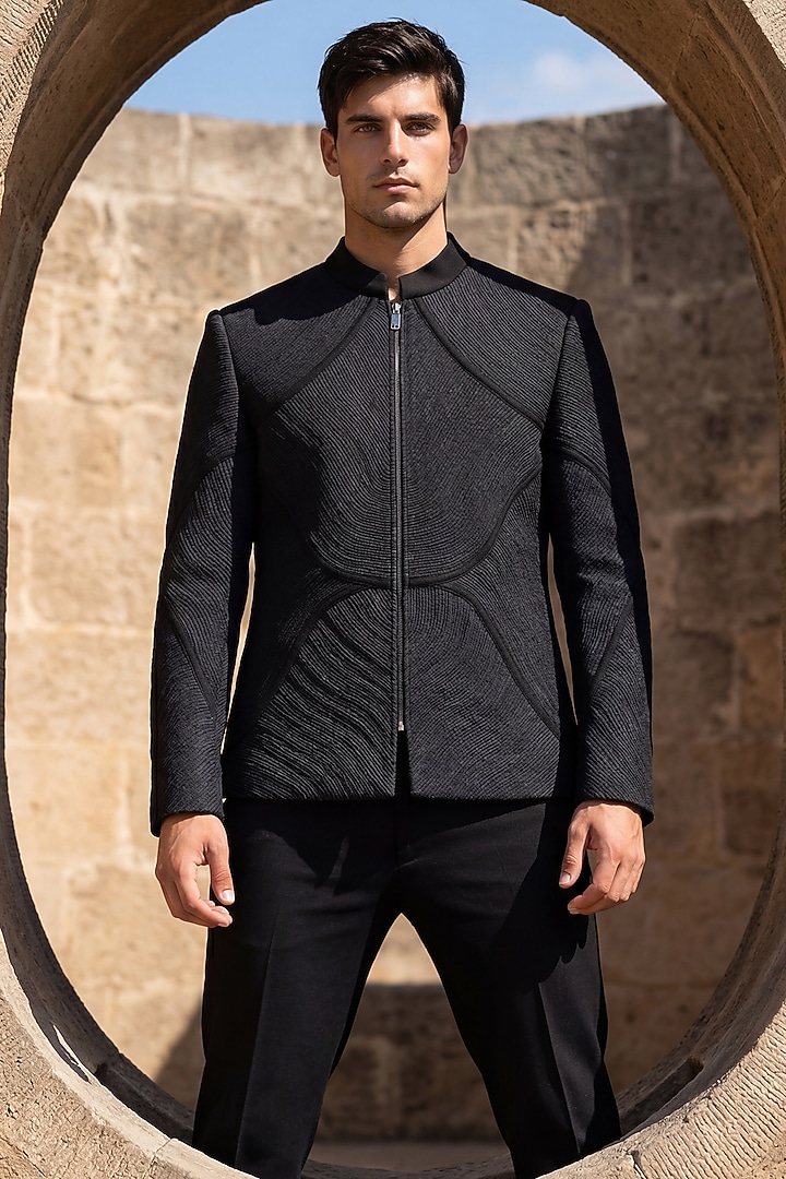Black Knit Embroidered Groom Indowestern Set by AMIT ARORA at Pernia's Pop Up Shop