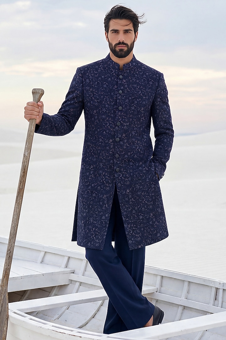 Navy Blue Pashmina Embroidered Wedding Sherwani Set by AMIT ARORA at Pernia's Pop Up Shop