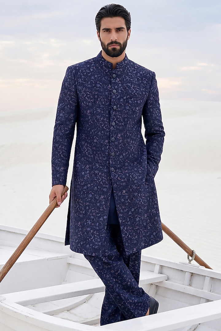 Navy Blue Pashmina Embroidered Wedding Sherwani Set by AMIT ARORA at Pernia's Pop Up Shop