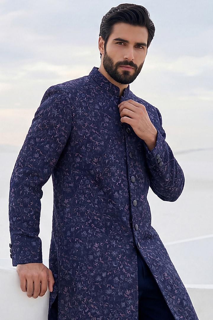 Navy Blue Pashmina Embroidered Wedding Sherwani Set by AMIT ARORA at Pernia's Pop Up Shop