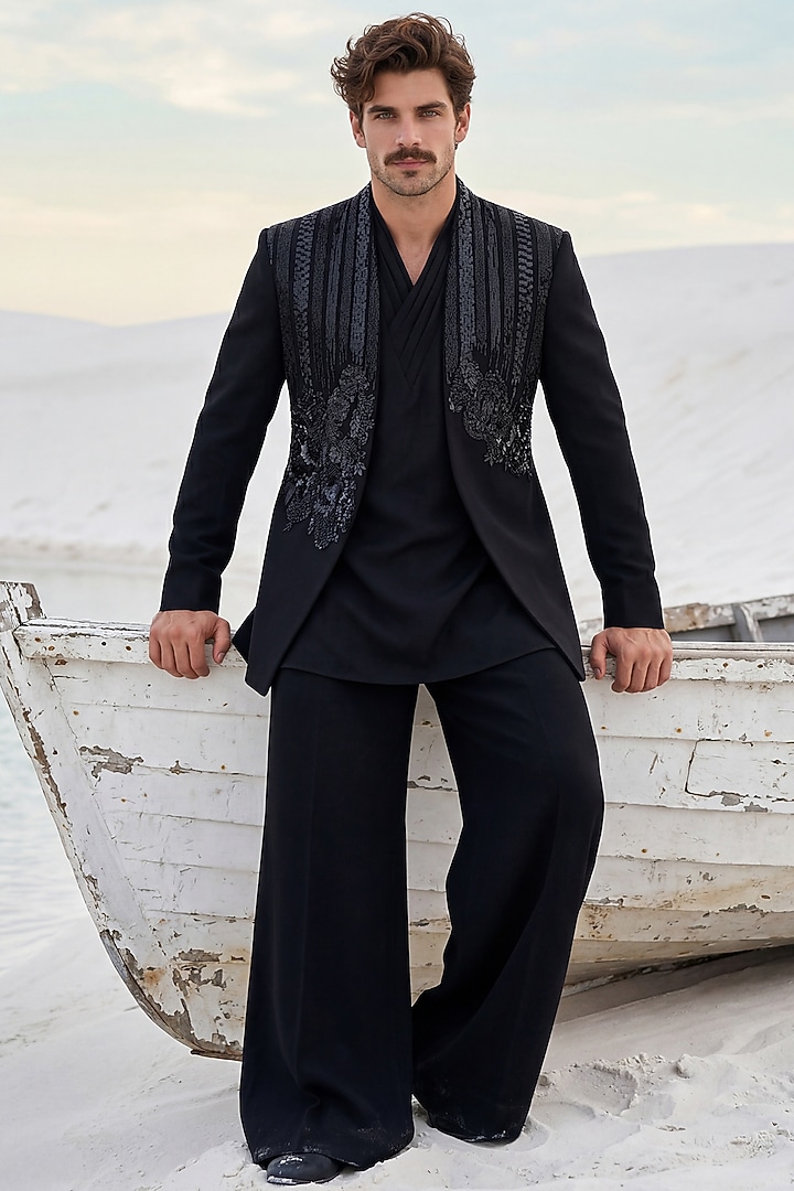 Black Knit Embroidered Groom Indowestern Set by AMIT ARORA at Pernia's Pop Up Shop