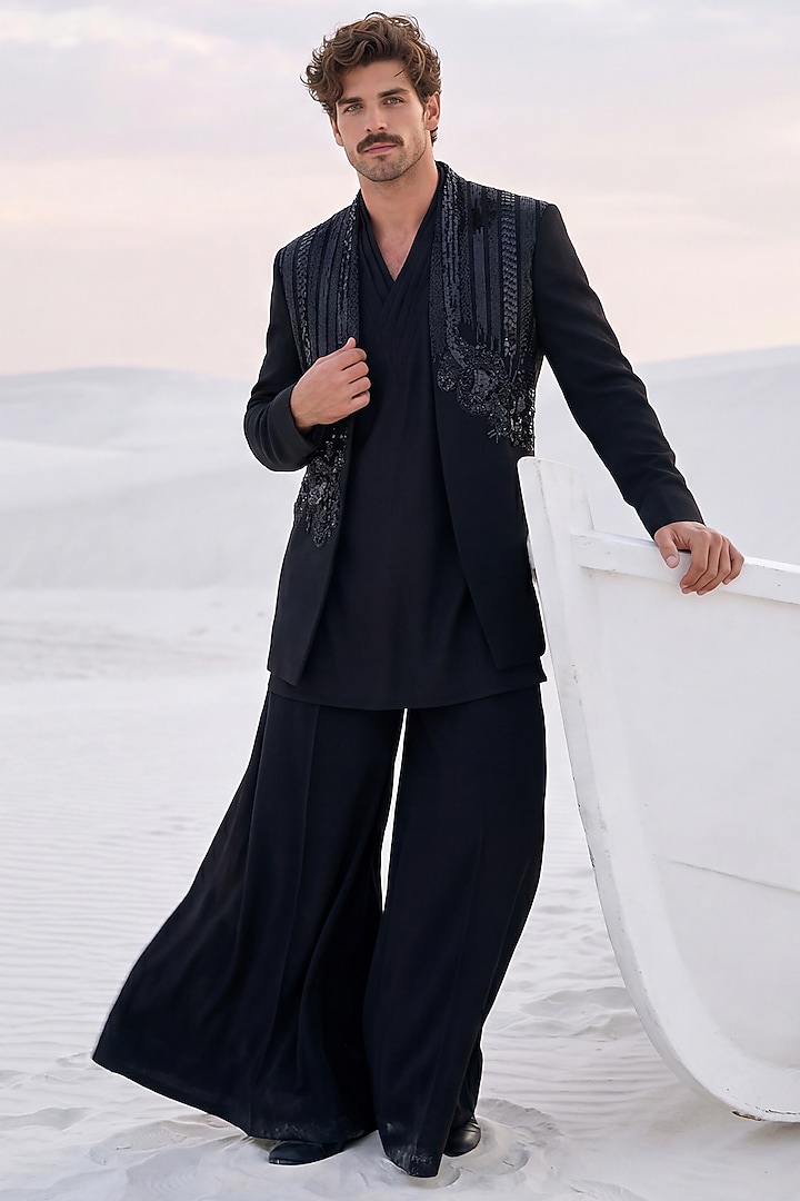 Black Knit Embroidered Groom Indowestern Set by AMIT ARORA at Pernia's Pop Up Shop