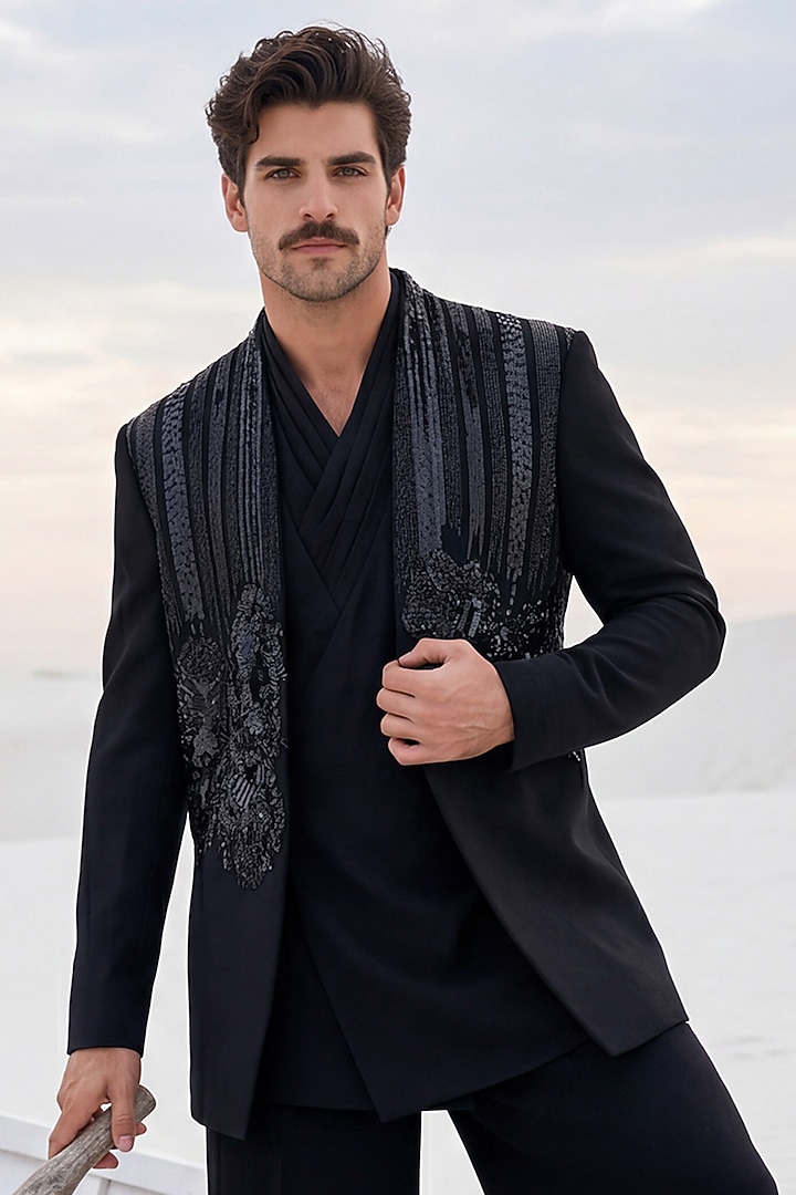 Black Knit Embroidered Groom Indowestern Set by AMIT ARORA at Pernia's Pop Up Shop