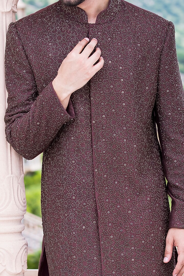 Coffee Brown Banarasi Silk Embellished Wedding Sherwani Set by AMIT ARORA at Pernia's Pop Up Shop