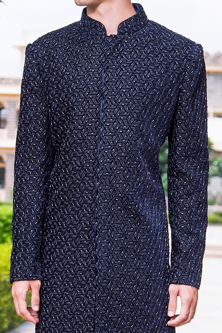 Navy Blue Banarasi Silk Hand Embellished Indowestern Set by AMIT ARORA at Pernia's Pop Up Shop