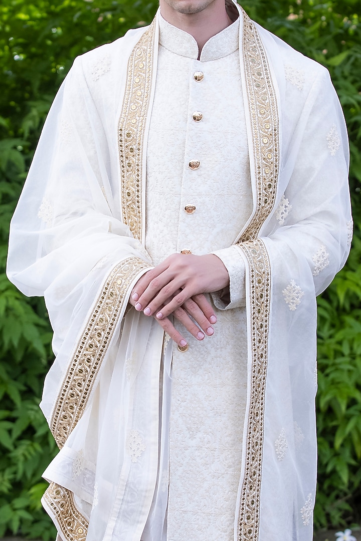 Cream Raw Silk Hand Embroidered Groom Sherwani Set by AMIT ARORA at Pernia's Pop Up Shop