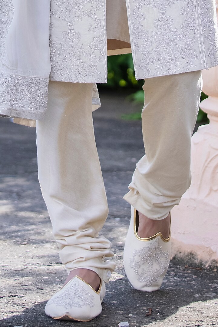 White Sherwani Groom Footwear With Sherwani Embroidered Silk