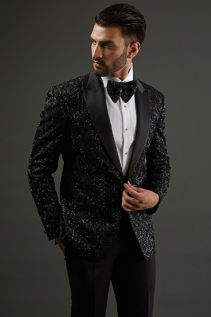Black Knit Cutdana Hand Embroidered Tuxedo Set by AMIT ARORA at Pernia's Pop Up Shop