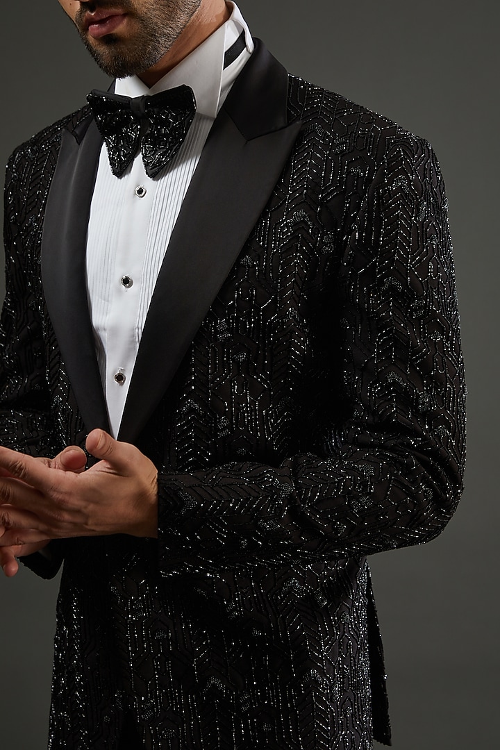 Black Knit Cutdana Hand Embroidered Tuxedo Set by AMIT ARORA at Pernia's Pop Up Shop