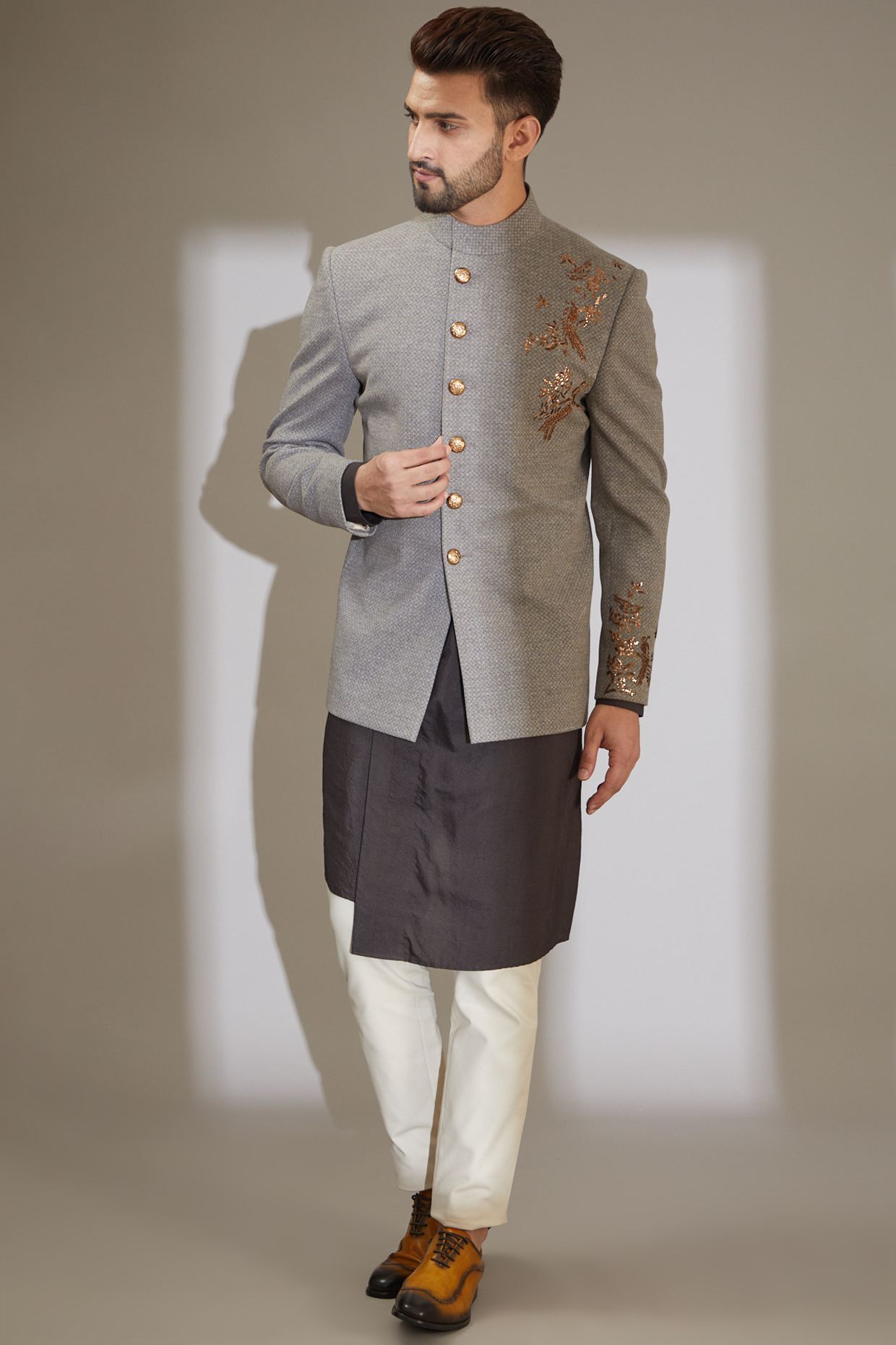 Grey Hand Embroidered Wedding Indowestern Set by AMIT ARORA at Pernia's Pop Up Shop