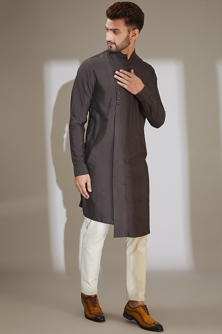 Grey Viscose Wool Hand Embroidered Wedding Indowestern Set by AMIT ARORA at Pernia's Pop Up Shop